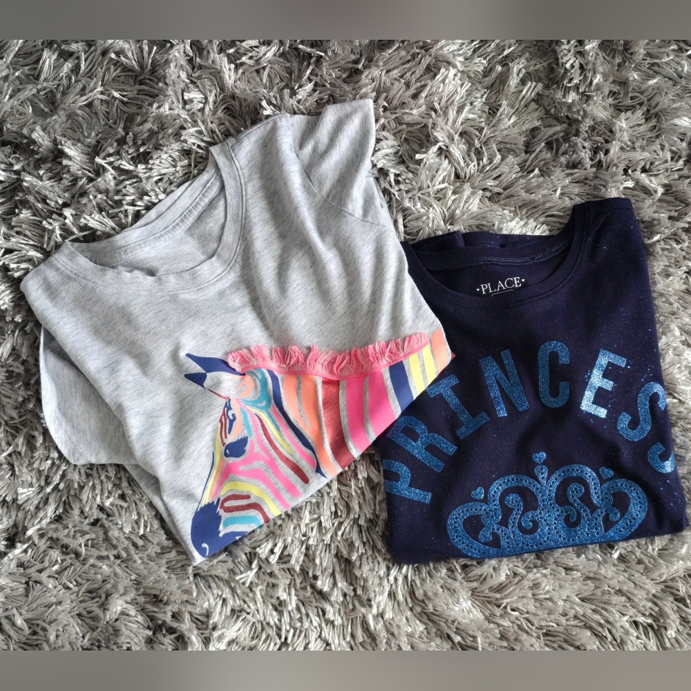 Two Girls' L Graphic Tees - Navy "Princess" Top & Colorful Zebra Graphic‎